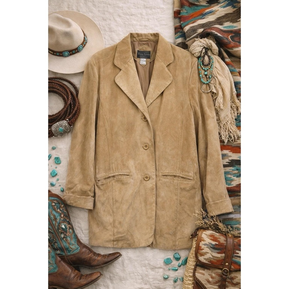 Womens Vintage Suede Leather Blazer Tan Longline‎ Western Boho Terry Lewis 1X